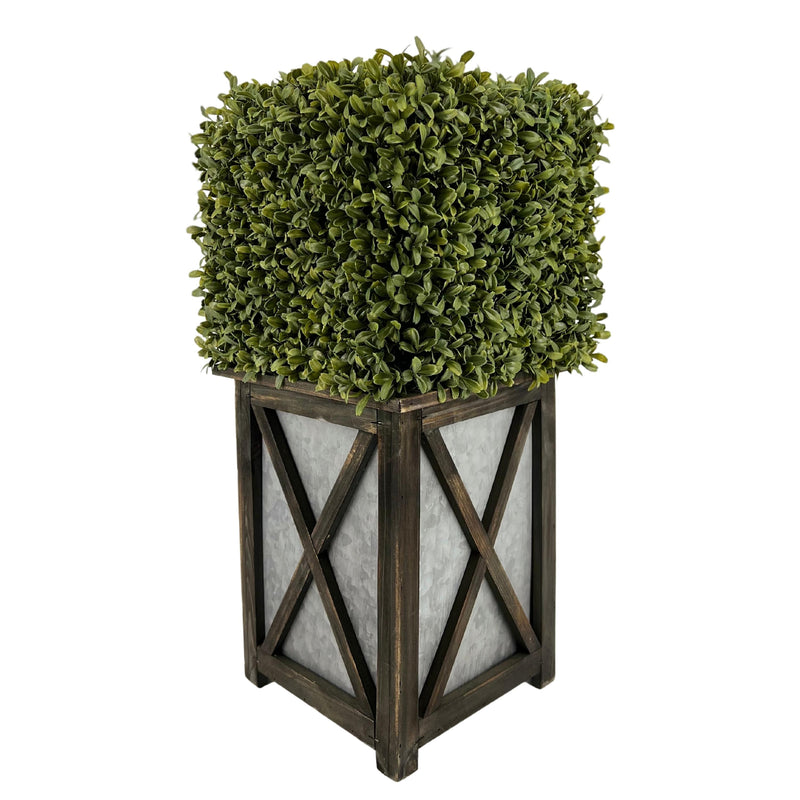 Faux Boxwood Square Topiary in Crisscross Stout Wood/Metal