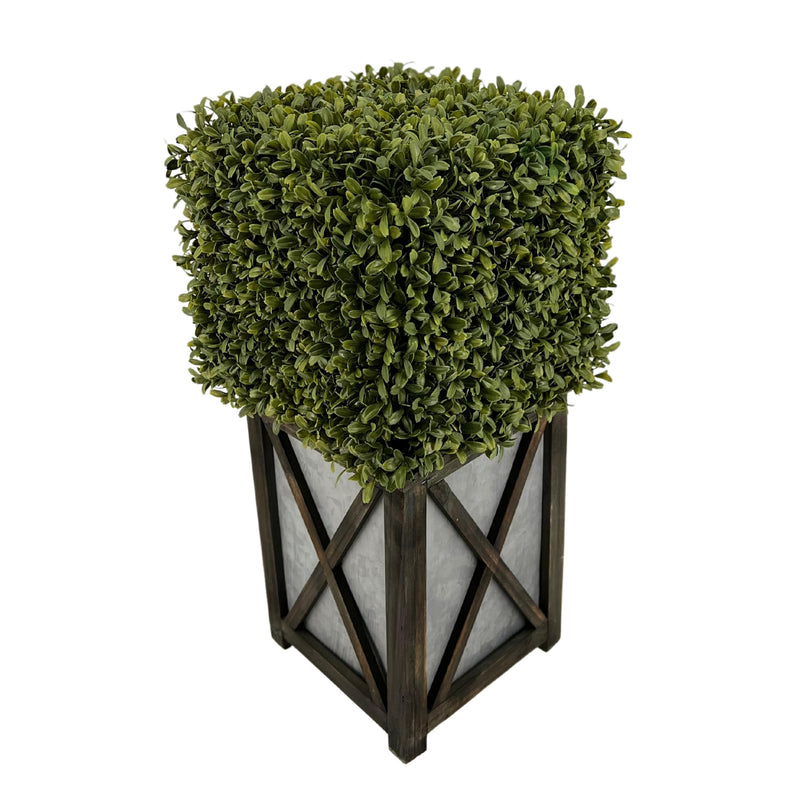 Faux Boxwood Square Topiary in Crisscross Stout Wood/Metal