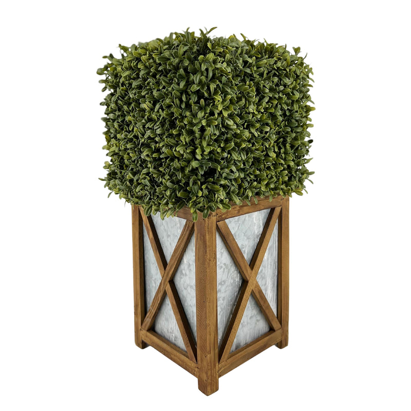 Faux Boxwood Square Topiary in Crisscross Stout Wood/Metal