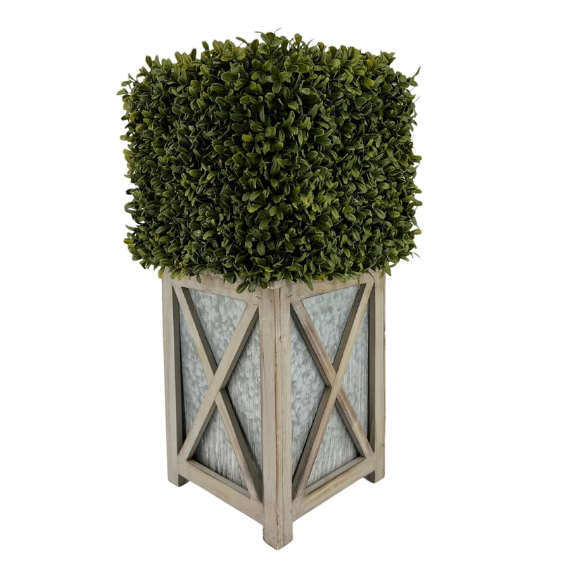 Faux Boxwood Square Topiary in Crisscross Stout Wood/Metal