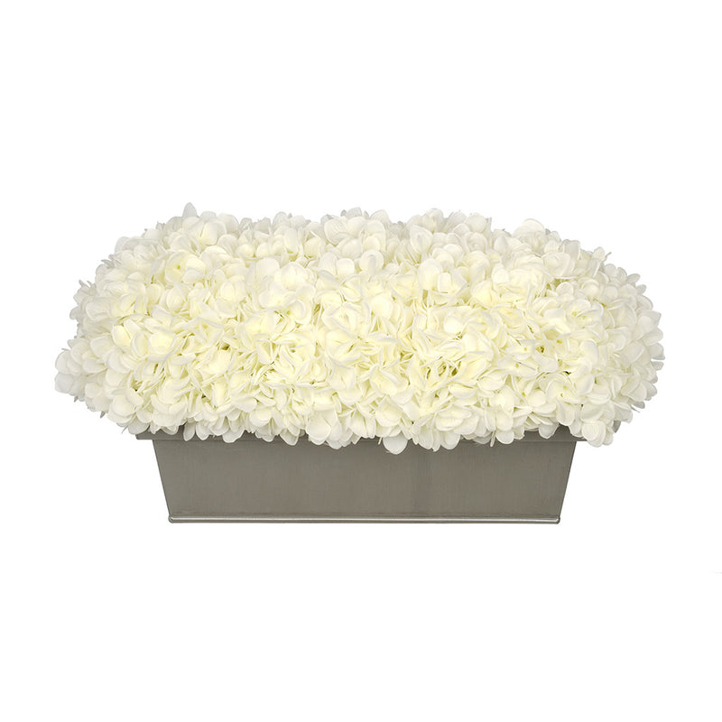 Artificial White Hydrangea in Gloss Silver Zinc Rectangle House of Silk Flowers®