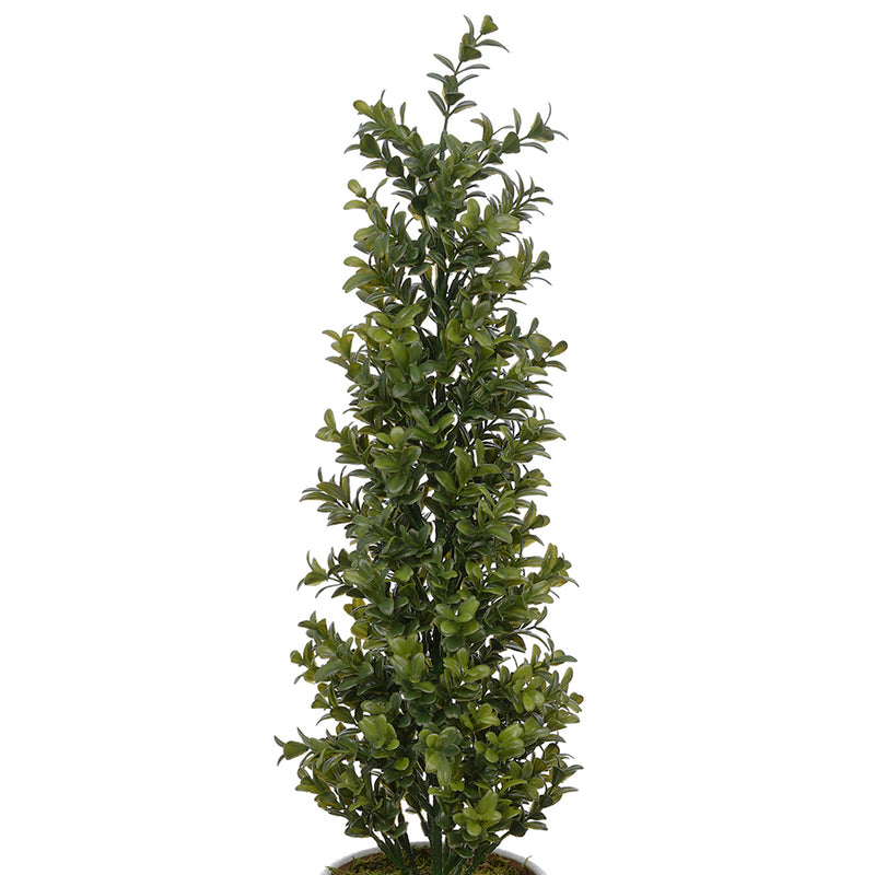 Artificial 22-inch Boxwood Pencil Topiary in Small White/Gold/Grey Ceramic Pot