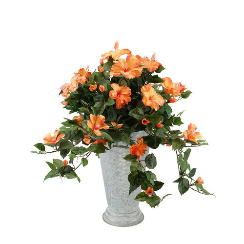 Artificial Orange Trailing Hibiscus in Galvanized Bucket