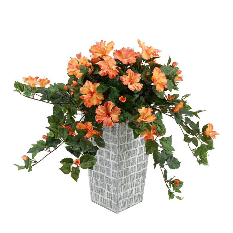 Faux Orange Trailing Hibiscus in Designer Galvanized Metal Planter