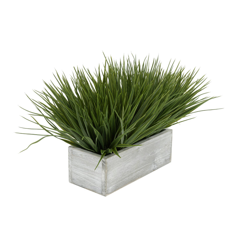 Artificial Green Farm Grass in 9" Grey Washed Wood Trough