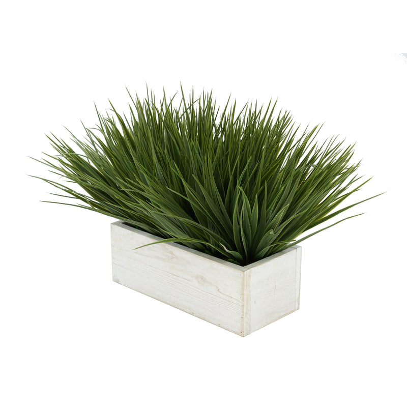 Artificial Green Farm Grass in 9" White Washed Wood Trough