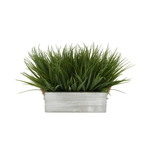 Artificial Green Farm Grass in 9" Grey-Washed Wood Trough with Rope Handles