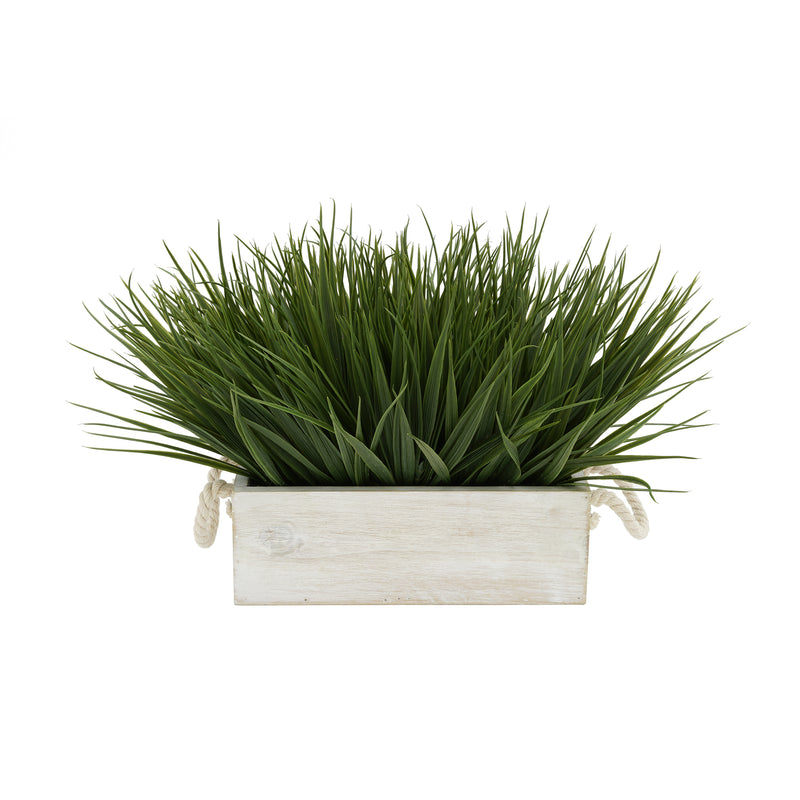 Artificial Green Farm Grass in 9" White-Washed Wood Trough with Rope Handles