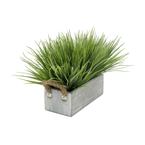 Artificial Frosted Farm Grass in 9" Grey-Washed Wood Trough with Rope Handles