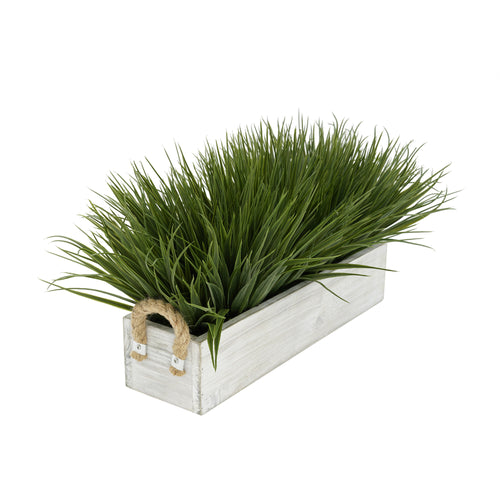 Artificial Green Farm Grass in 15" Grey Washed Wood Trough with Rope Handles House of Silk Flowers®