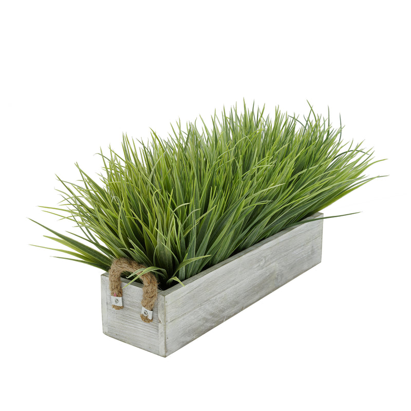 Artificial Frosted Farm Grass in 15" Grey-Washed Wood Trough with Rope Handles