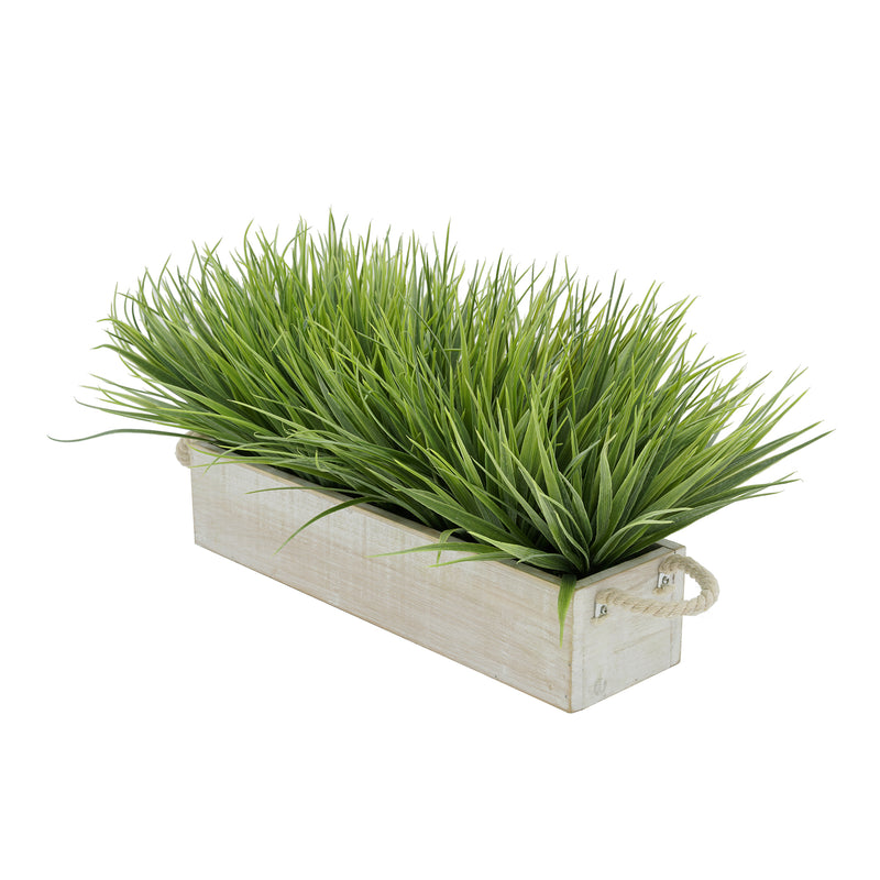 Artificial Frosted Farm Grass in 15" White-Washed Wood Trough with Rope Handles