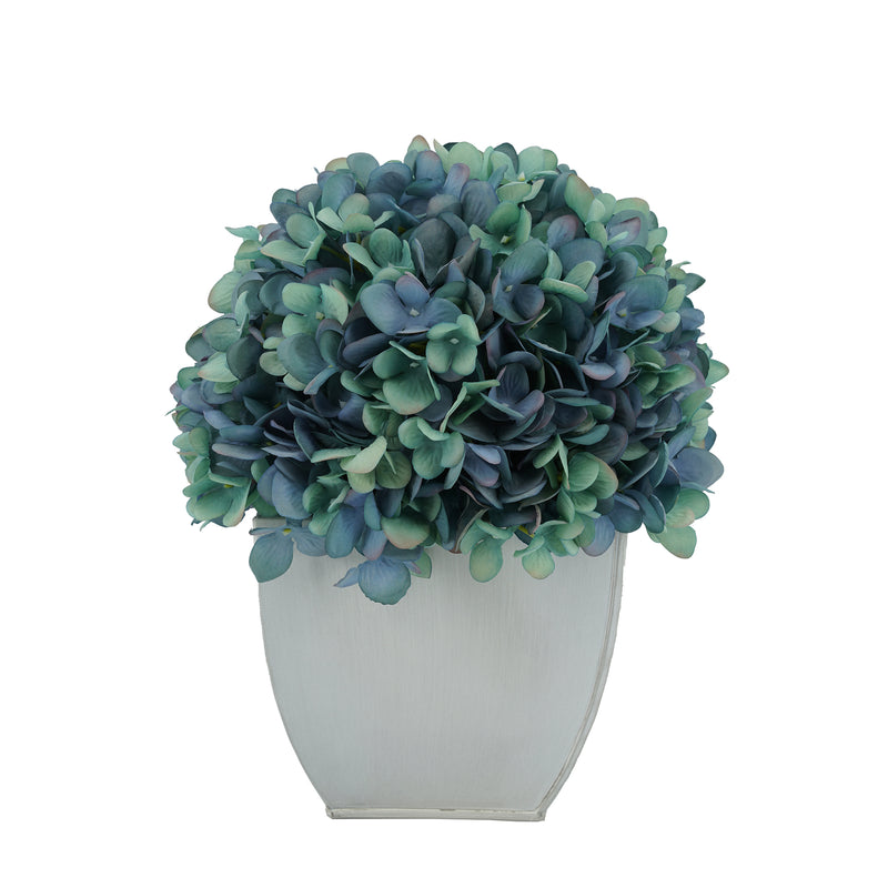 Artificial Antique Aqua Hydrangea in Cream Tapered Zinc Cube