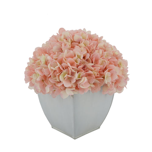 Artificial Hydrangea in Cream Tapered Zinc Cube Pink