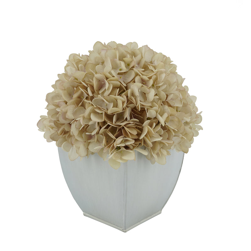 Artificial Hydrangea in Cream Tapered Zinc Cube Antique Ecru