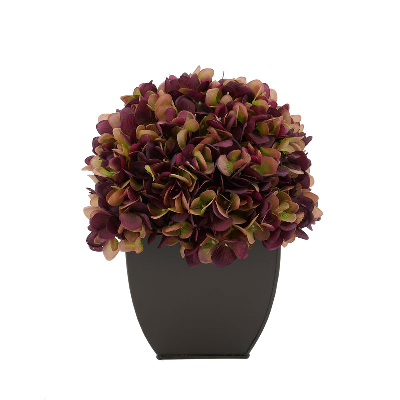 Artificial Hydrangea in Matte Brown Tapered Zinc Cube plum