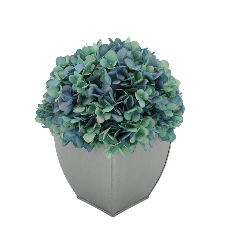 Artificial Hydrangea in Silver Tapered Zinc Cube antique aqua