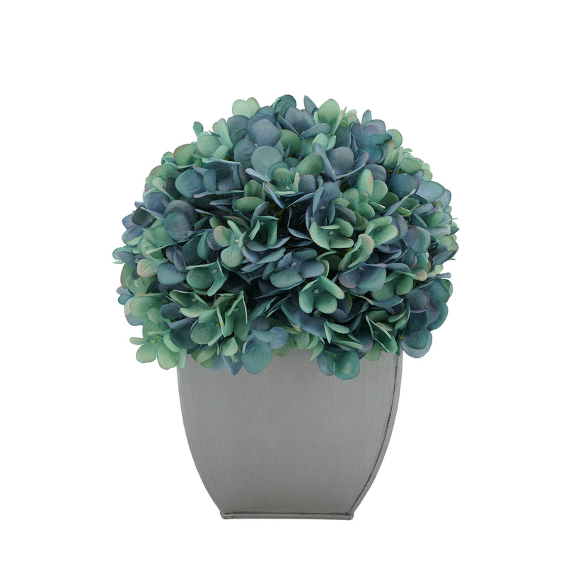 Artificial Hydrangea in Silver Tapered Zinc Cube antique aqua