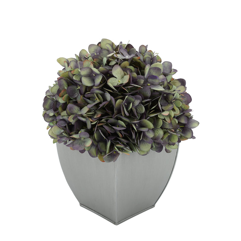 Artificial Hydrangea in Silver Tapered Zinc Cube antique purple