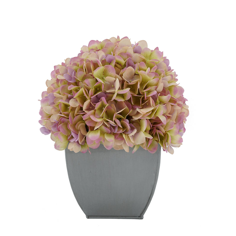 Artificial Hydrangea in Silver Tapered Zinc Cube lilac