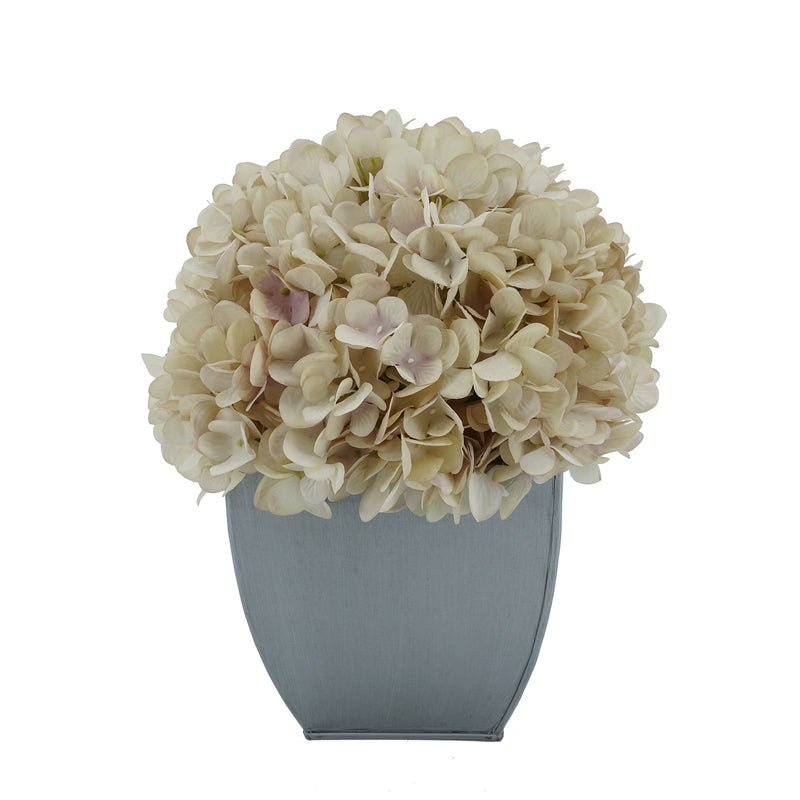 Artificial Hydrangea in Silver Tapered Zinc Cube antique ecru