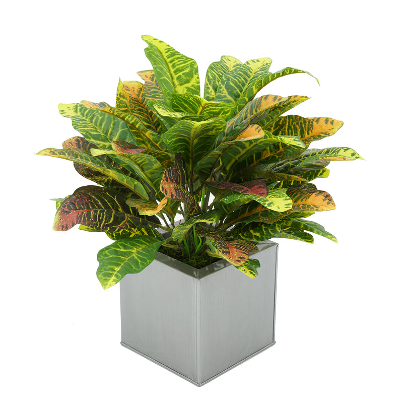 Faux Croton Houseplant in Silver Square Zinc Pot