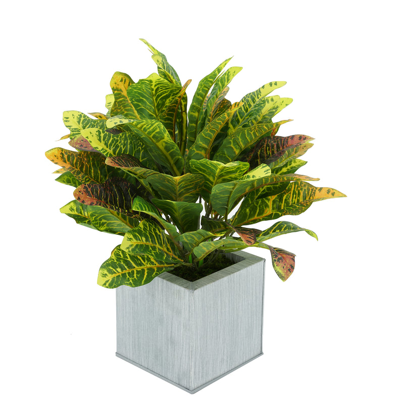 Faux Croton Houseplant in Farmhouse Square Zinc Pot