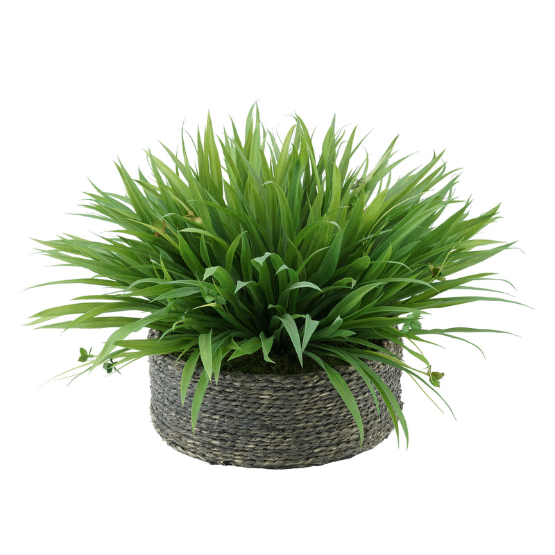 Faux Ribbon Grass in Large Seagrass Tray Basket