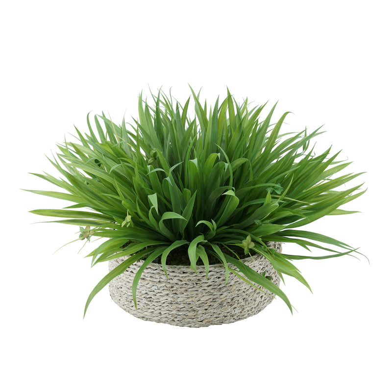 Faux Ribbon Grass in Large Seagrass Tray Basket