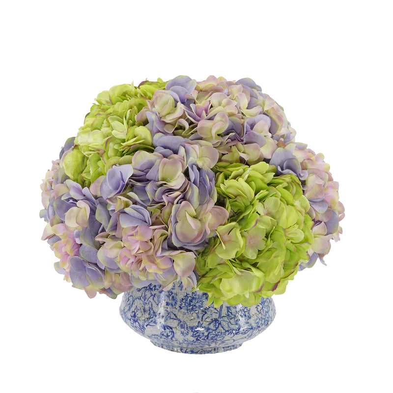 Lavender and Green Hydrangea in Blue/White Toile Ceramic